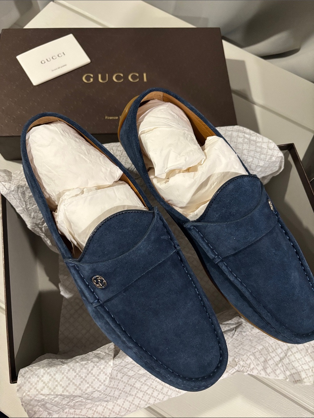 Gucci Navy Suede Slip-On Loafers with Subtle GG Accent